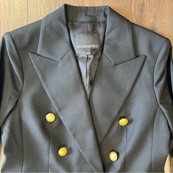 Banana Republic Classic Black Wool Blend Captain's Blazer Gold Buttons SZ 6Pet - Picture 5 of 7